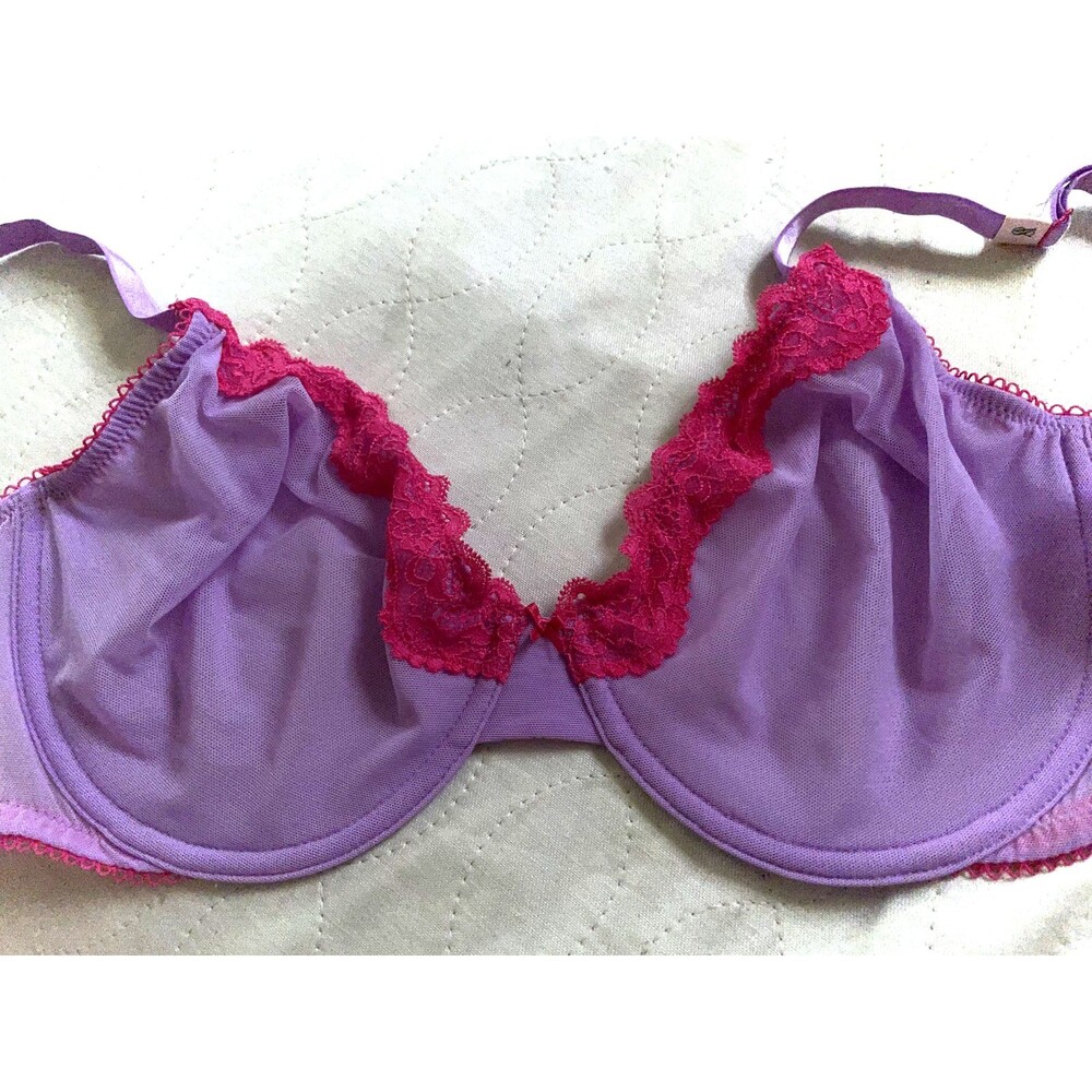 Victoria’s Secret Tease Unlined Demi Bra Purple Sheer Mesh Pink Lace 38D NWT